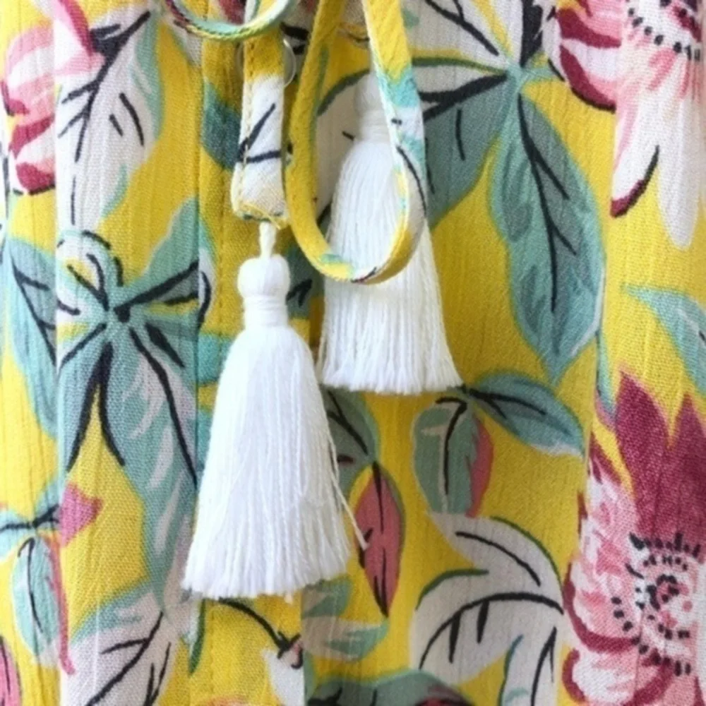 NWT LOFT Beach Floral Tassel Tie Button Down Sheer Yellow Pink Cover Up 🏖️